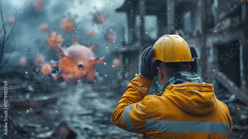 Worker in Protective Gear Facing Surreal Virus in Industrial Ruins

