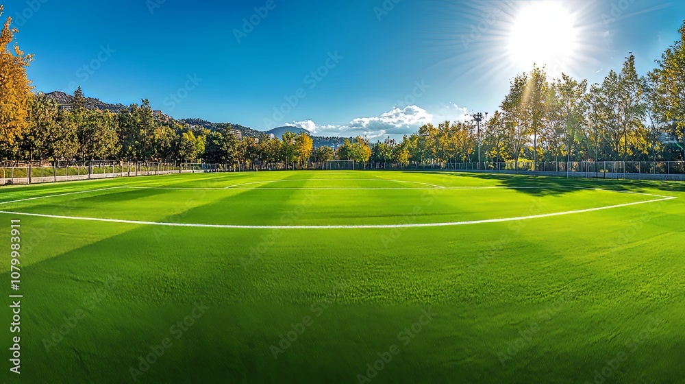 Green Soccer Field Under Sunny Sky with Trees in Background Green Soccer Field Under Sunny Sky with Trees in Background
