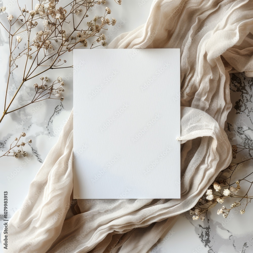 Fototapeta premium blank white card flat lay mockup minimalist, boho neutral tones . ai generated