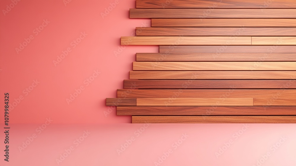 A modern wooden wall design against a soft pink background. A modern wooden wall design against a soft pink background.