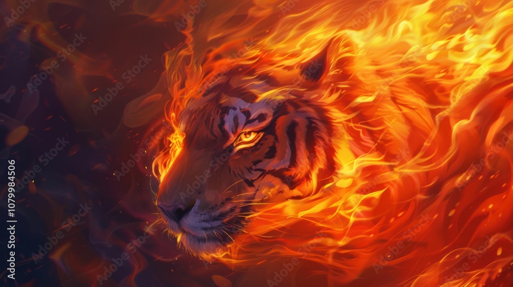 A fiery tiger's head emerges from flames, symbolizing power and intensity.