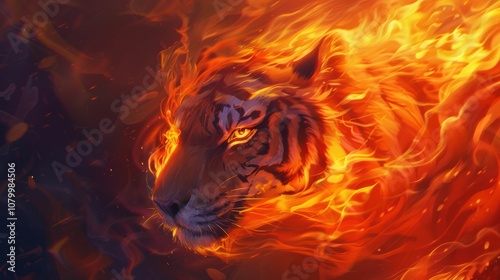 Obraz na płótnie A fiery tiger's head emerges from flames, symbolizing power and intensity. w salonie