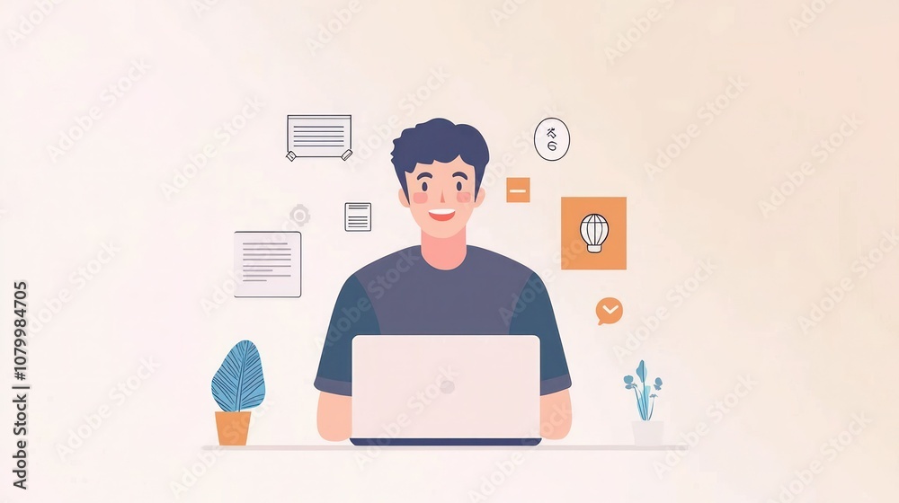 Illustration ofMan smiling while working on a laptop, surrounded by successful business icons. Illustration ofMan smiling while working on a laptop, surrounded by successful business icons.