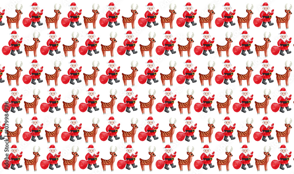 Pattern of stylized illustrations of Santa Claus and reindeer. Santa walks in profile, pulls a bag of gifts, faces us, waves to us. Deer in profile. White background. Watercolor. Wrapping paper. Pattern of stylized illustrations of Santa Claus and reindeer. Santa walks in profile, pulls a bag of gifts, faces us, waves to us. Deer in profile. White background. Watercolor. Wrapping paper.