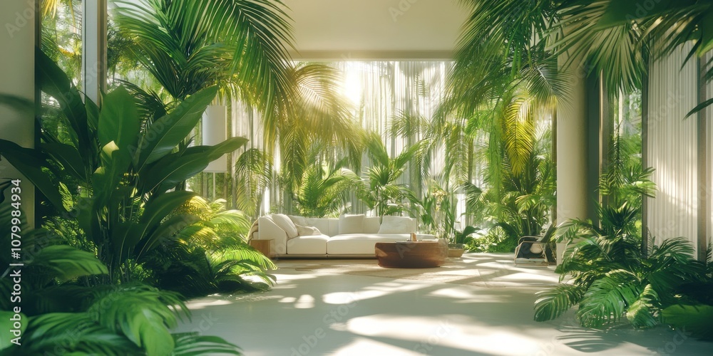 Fototapeta premium Sunlit tropical living room with lush greenery and white sofa.