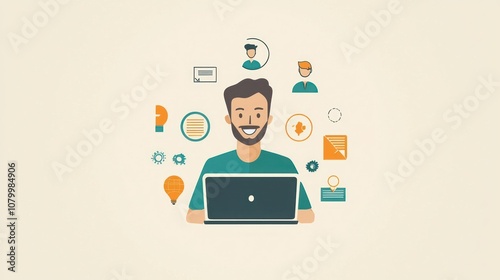 Illustration ofMan smiling while working on a laptop, surrounded by successful business icons.