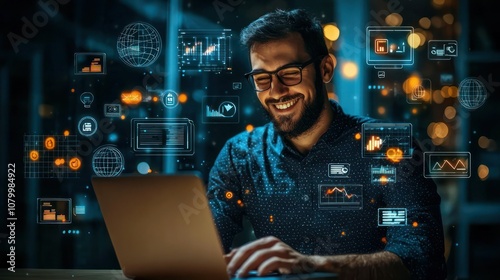 Illustration ofMan smiling while working on a laptop, surrounded by successful business icons. photo