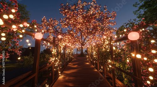 bridge made of vines and glowing blossoms leads to magical tree, illuminated by soft lights, creating serene and enchanting atmosphere