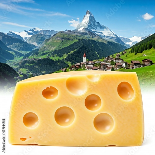 Isolated Wedge of Swiss Cheese with Large Holes with Alpine Farm Background Close Up. photo