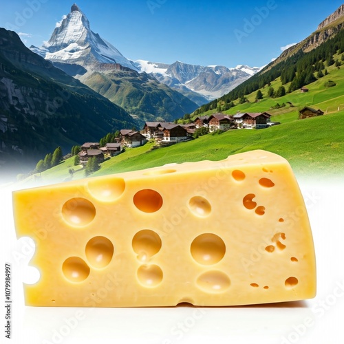 Isolated Wedge of Swiss Cheese with Large Holes with Alpine Farm Background Close Up. photo