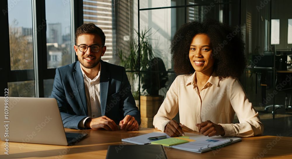 Two professionals enjoying a productive meeting in a sunlit modern office. The perfect blend of smiles and success. Generated AI Two professionals enjoying a productive meeting in a sunlit modern office. The perfect blend of smiles and success. Generated AI