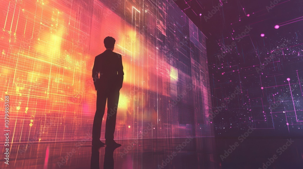 Illustration ofYoung professional standing in front of a holographic business projection screen. Illustration ofYoung professional standing in front of a holographic business projection screen.