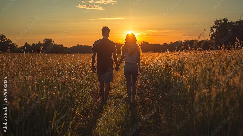 A Couple Silhouetted Against a Sunset in a Field A Couple Silhouetted Against a Sunset in a Field