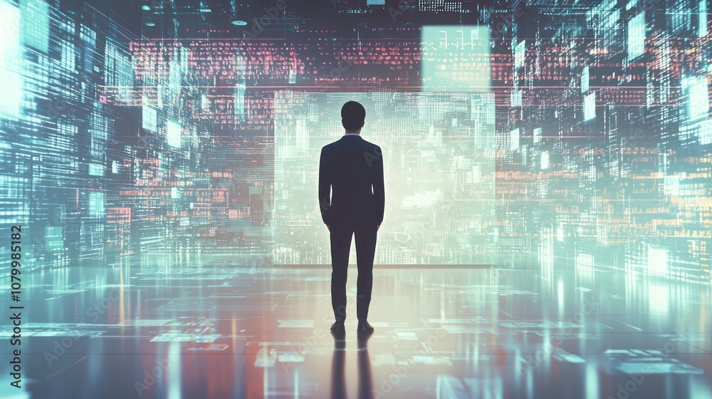 Illustration ofYoung professional standing in front of a holographic business projection screen. Illustration ofYoung professional standing in front of a holographic business projection screen.
