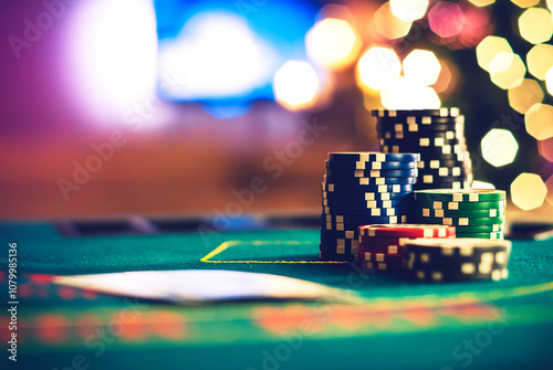 Close-up of a Stack of assorted poker chips and playing cards on a poker table at Christmas