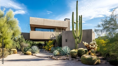 A minimalist cube-shaped house with concrete walls, desert landscaping with cacti and succulents, and a vast open sky.  photo