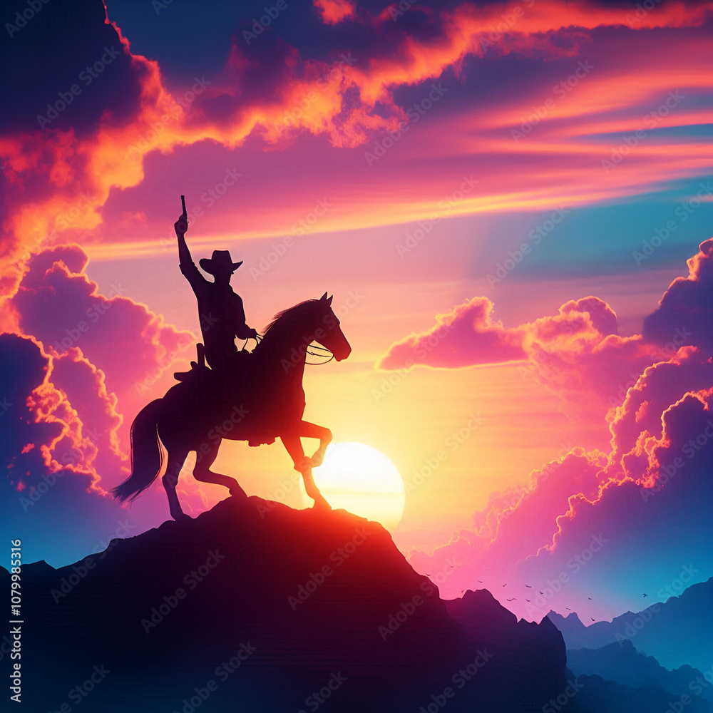 Cowboy Riding into the Sunset with Lasso in Hand Cowboy Riding into the Sunset with Lasso in Hand