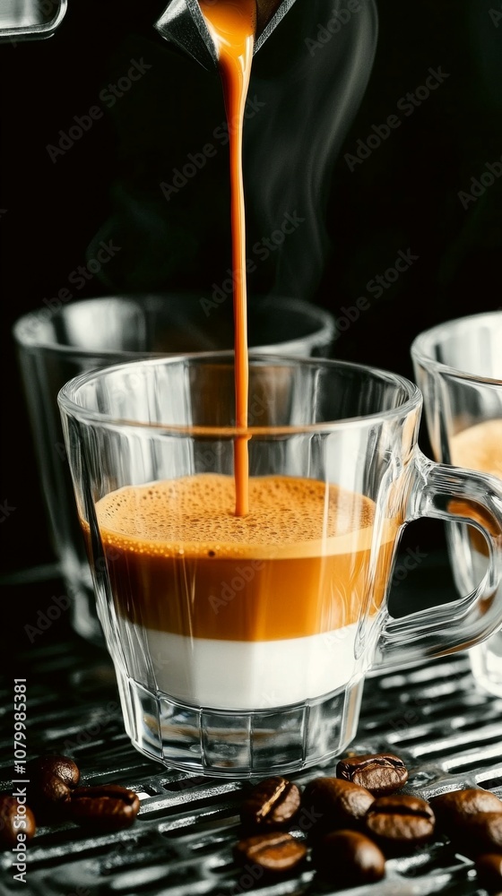 Espresso being poured from an espresso machine into a black cup. Close up details of fresh coffee, espresso. espresso machine. Espresso being poured from an espresso machine into a black cup. Close up details of fresh coffee, espresso. espresso machine.