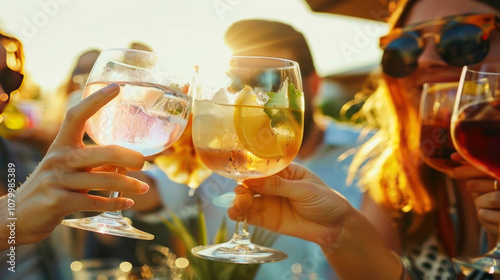 Sunlit toast with friends, capturing the essence of summer vibes and sparkling moments