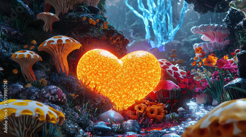 glowing heart shaped fruit surrounded by vibrant mushrooms and flowers creates magical atmosphere in lush, colorful forest
