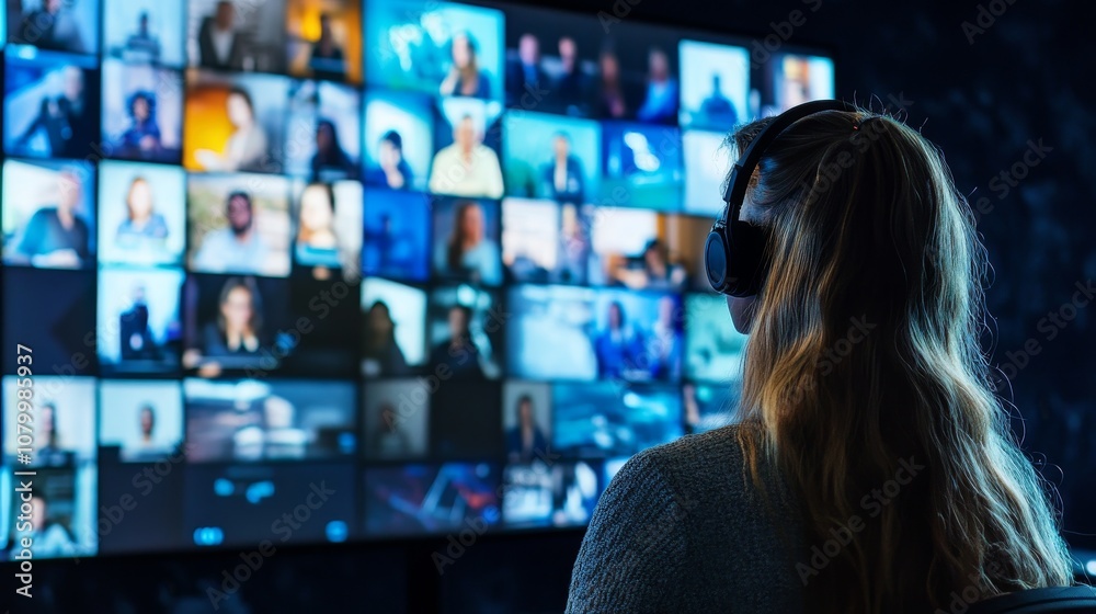 A woman is sitting in front of a large screen with many people on it A woman is sitting in front of a large screen with many people on it