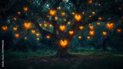 majestic tree adorned with glowing heart shaped fruits, creating magical atmosphere in serene landscape. enchanting scene evokes feelings of love and wonder
