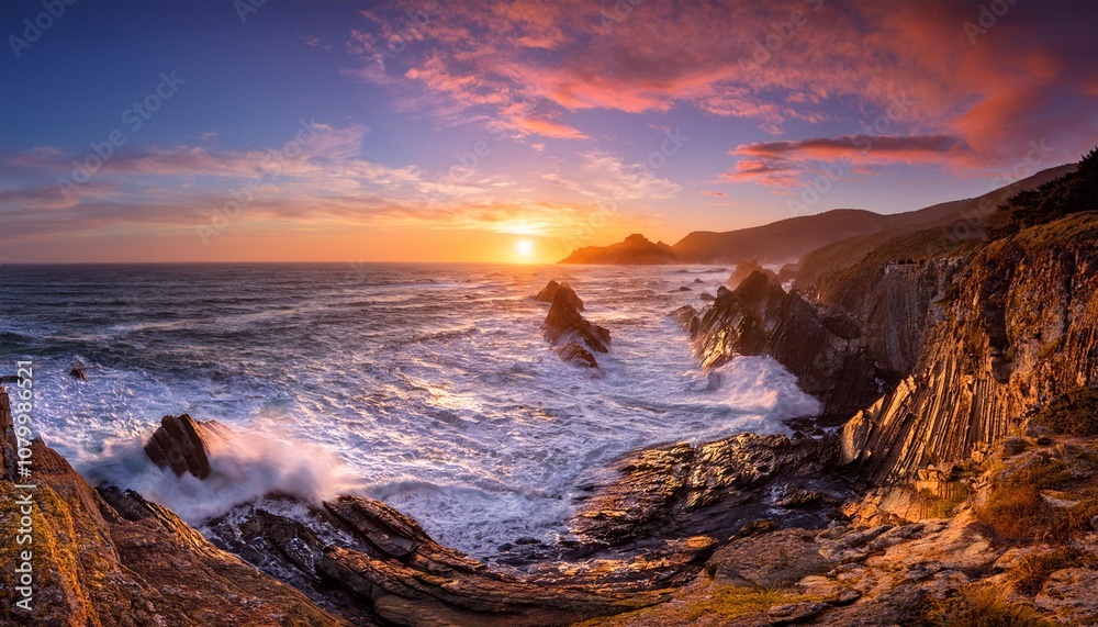 Sunset Over a Rocky Coastline With Dramatic Cliffs and Crashing Ocean Waves, Captured With Vibrant Orange and Pink Skies for a Stunning Seaside Nature Landscape Sunset Over a Rocky Coastline With Dramatic Cliffs and Crashing Ocean Waves, Captured With Vibrant Orange and Pink Skies for a Stunning Seaside Nature Landscape