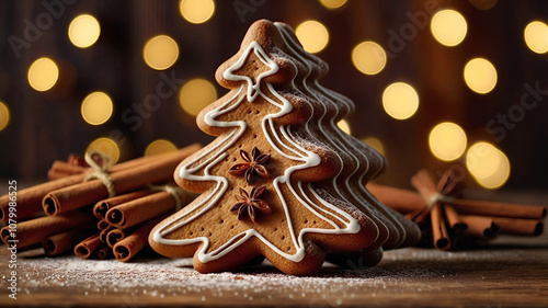 christmas gingerbread cookies, christmas scene with traditional decorated gingerbread with star anise and cinnamon on the table with blurry lights in background photo