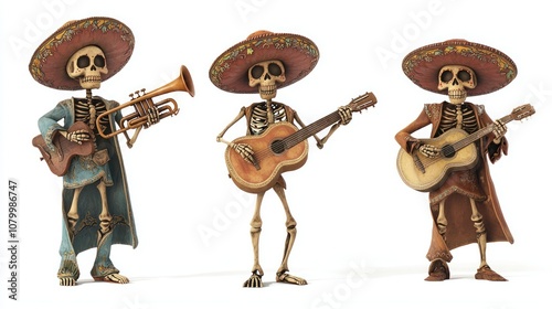 Set of 3D skeleton characters in sombreros playing musical instruments like guitar and trumpet on a white backdrop. photo