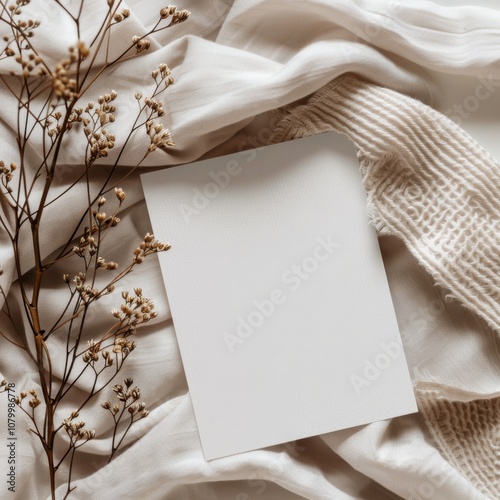blank white card flat lay mockup minimalist, boho neutral tones . ai generated
