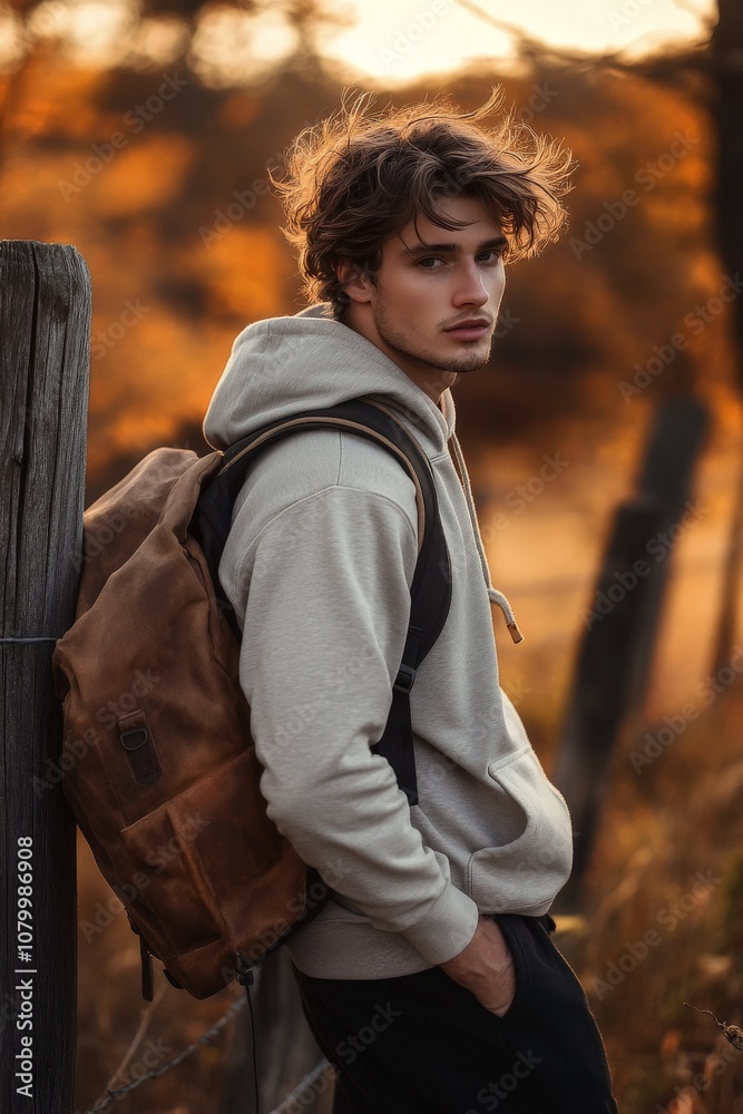 Fototapeta premium Young man in a casual hoodie with a backpack, standing against a wooden fence, surrounded by autumn foliage, capturing a moment of contemplation in nature.