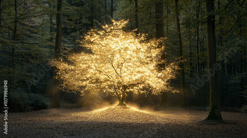 glowing tree radiates soft golden light in serene forest setting, surrounded by dark woods and fallen leaves, creating magical atmosphere