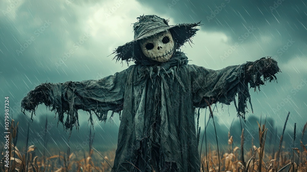Sinister scarecrow with a weathered, stitched face and torn cloak, standing tall in a stormy, overgrown field. Sinister scarecrow with a weathered, stitched face and torn cloak, standing tall in a stormy, overgrown field.