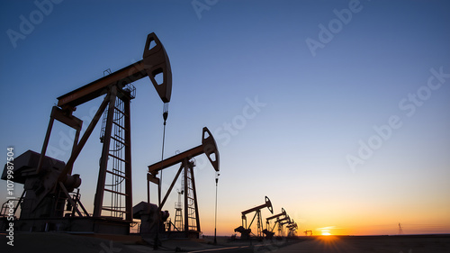 Several oil pumps stand tall against a beautiful sunset, symbolizing the extraction of oil and its role in the energy industry