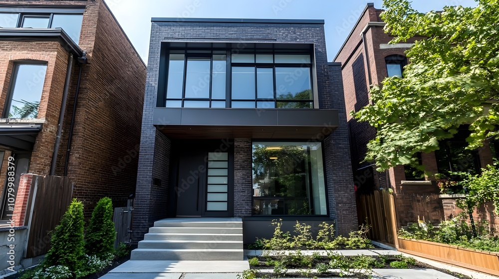 Obraz premium A modern townhouse with a dark brick exterior, large industrial-style windows, and minimalist landscaping, located in a bustling urban neighborhood