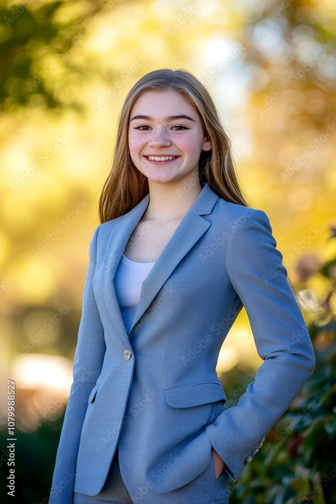 Smiling young woman in a light blue blazer standing outdoors with a natural backdrop, exuding confidence and professionalism. Perfect for business or academic themes. Smiling young woman in a light blue blazer standing outdoors with a natural backdrop, exuding confidence and professionalism. Perfect for business or academic themes.
