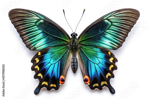 Bright colorful wings of tropical butterfly on black photo