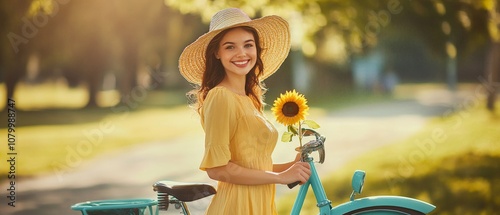 Smiling woman wearing a yellow dress and straw hat holding a sunflower next to a blue bicycle in a sunlit park during a warm summer day. photo