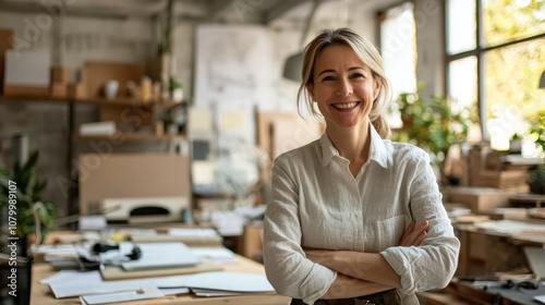 A candid shot of an architect smiling while working in their office, surrounded by design materials