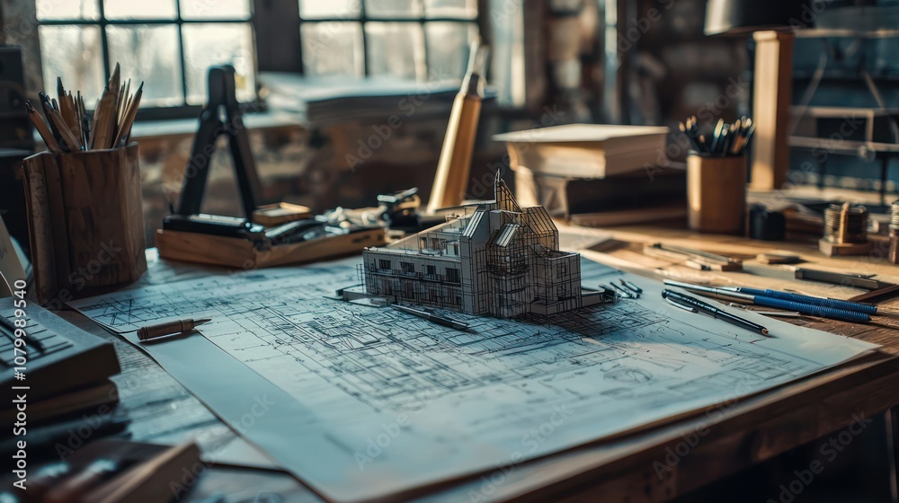 A close-up of an architect's desk showcasing tools, markers, and a detailed model of a building A close-up of an architect's desk showcasing tools, markers, and a detailed model of a building