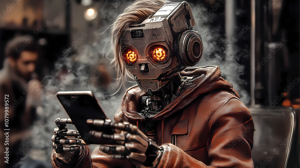 The robot studies the smartphone The robot studies the smartphone