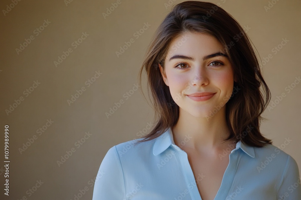 Portrait of a young woman with a warm smile, wearing a light blue shirt, against a neutral background, exuding confidence and approachability. Portrait of a young woman with a warm smile, wearing a light blue shirt, against a neutral background, exuding confidence and approachability.