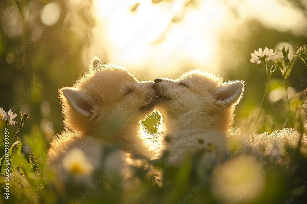 Playful puppies sharing a tender moment, noses touching in a sunlit meadow filled with blooming flowers, capturing the essence of friendship and love. Playful puppies sharing a tender moment, noses touching in a sunlit meadow filled with blooming flowers, capturing the essence of friendship and love.