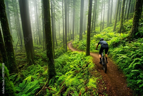 Mountain biker navigating a winding trail through a lush green forest filled with ferns and tall trees, shrouded in morning mist and natural serenity. photo