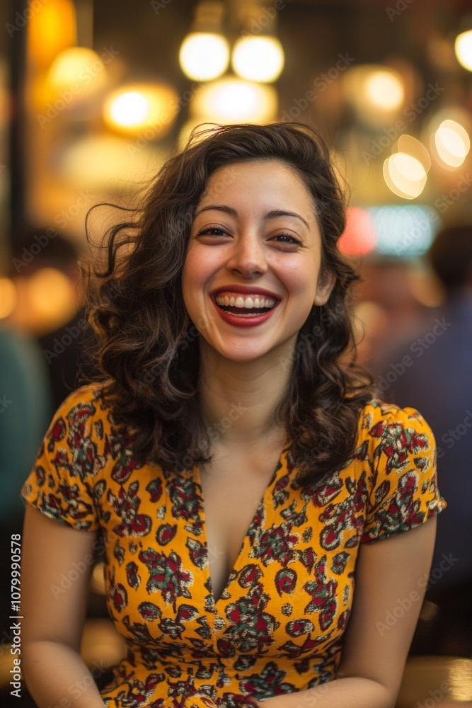 Obraz premium Joyful young woman with curly hair smiles brightly, wearing a floral yellow dress, in a lively cafe atmosphere with warm, ambient lighting.