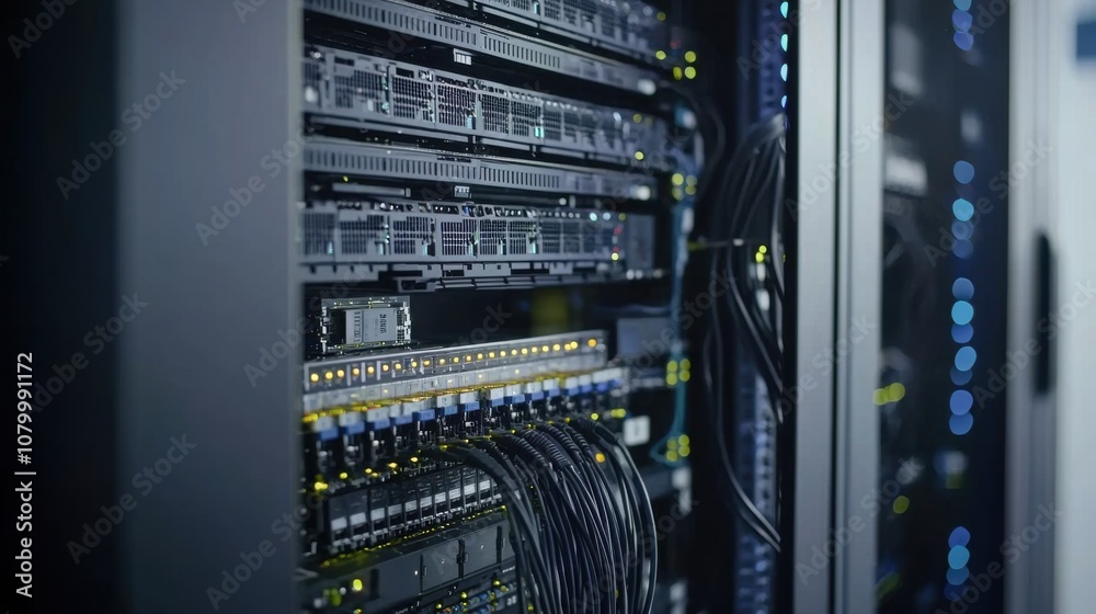 Data Center Equipment with Network Servers and Cables Data Center Equipment with Network Servers and Cables