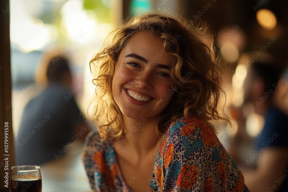 Obraz premium Cheerful young woman with curly hair smiling warmly at a café, enjoying a drink, with a lively social atmosphere in the background.