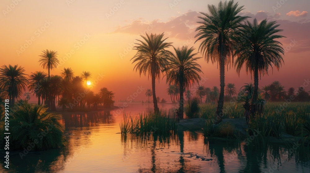 Sunset Over Palm Trees and River Sunset Over Palm Trees and River