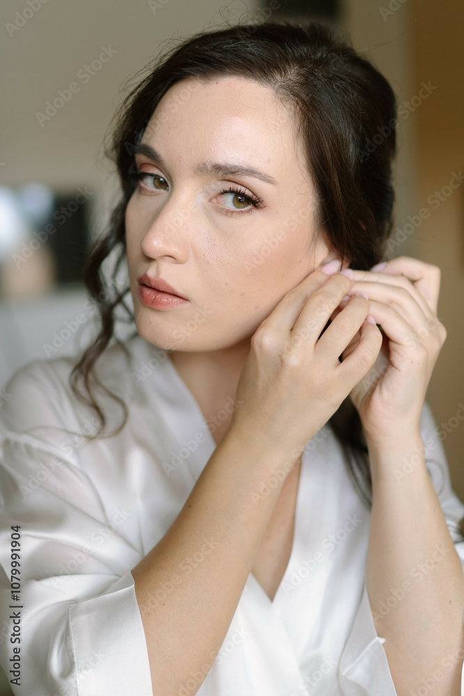 The bride wears earrings. Shots of a refined and elegant Italian style wedding. Elegant wedding setup. Jewel wedding shoes. The bride wears earrings. Shots of a refined and elegant Italian style wedding. Elegant wedding setup. Jewel wedding shoes.
