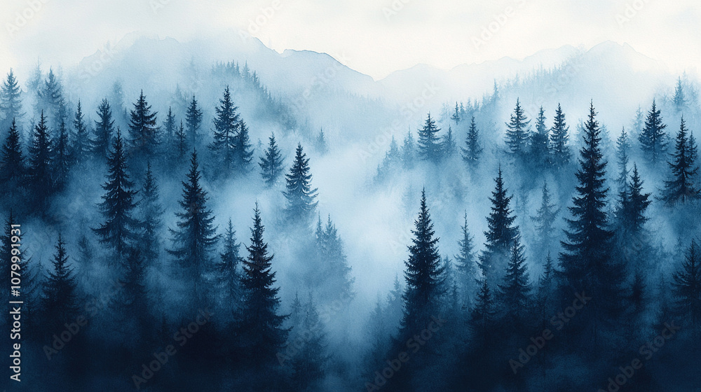 Obraz premium Abstract Winter Forest Scene with Mist, Painted in Watercolor on white.